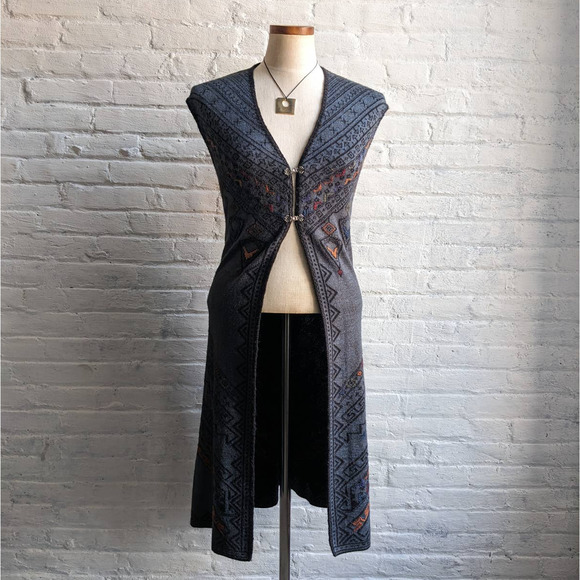 Vintage Southwest Knit Sweater Vest Boho Duster Fairisle Longline Retro Cardigan - Picture 1 of 8